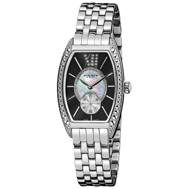 Akribos XXIV Women's Black/Stainless-Steel Diamond Swiss-Quartz Tonneau-Bracelet Watch