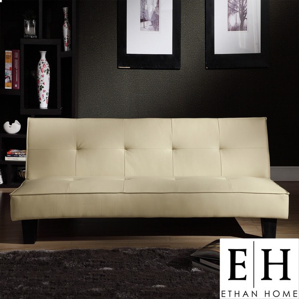ETHAN HOME Bento Beige Faux Leather Modern Mini Futon Sofa Bed
