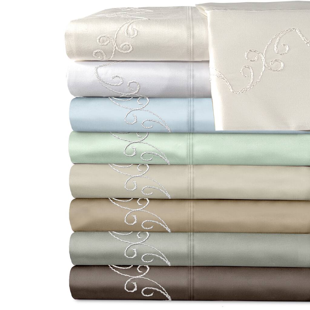 Grand Luxe Egyptian Cotton Sateen 500 Thread Count Scroll Deep Pocket Sheet Set and Pillowcase Separates