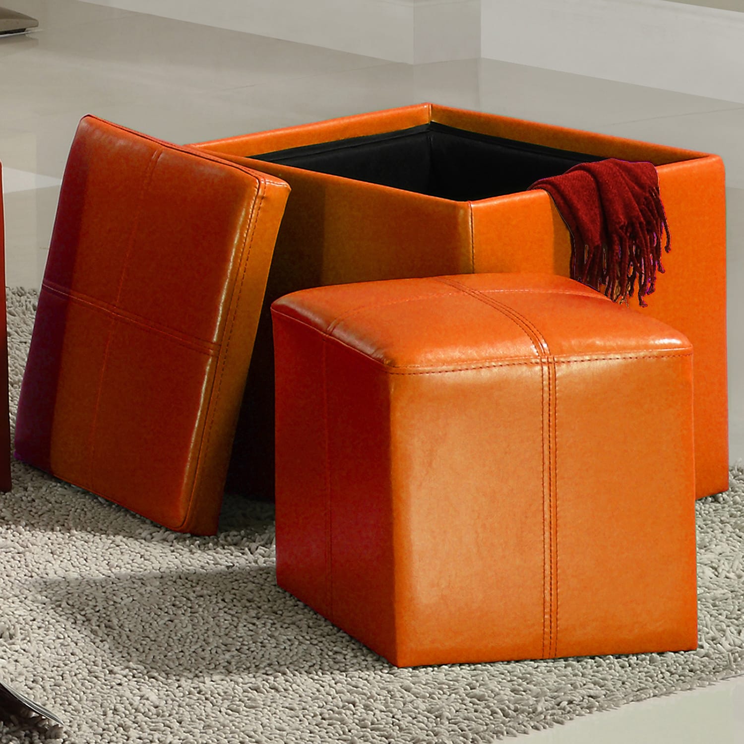 ETHAN HOME Swayne Orange Storage Ottoman with Mini Foot Stool