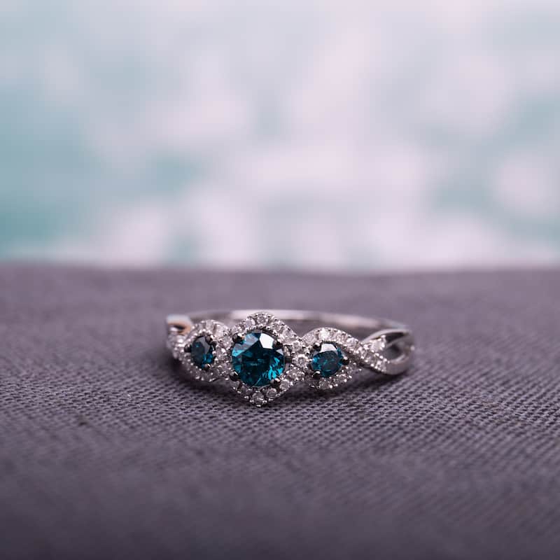 Miadora 1/2ct Blue and White Diamond TW 3 Stone Ring 14k White Gold Rhodium Plated