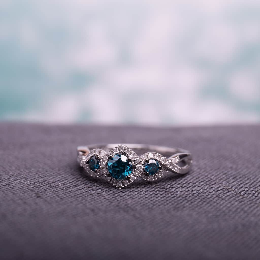 Miadora 1/2ct Blue and White Diamond TW 3 Stone Ring 14k White Gold Rhodium Plated