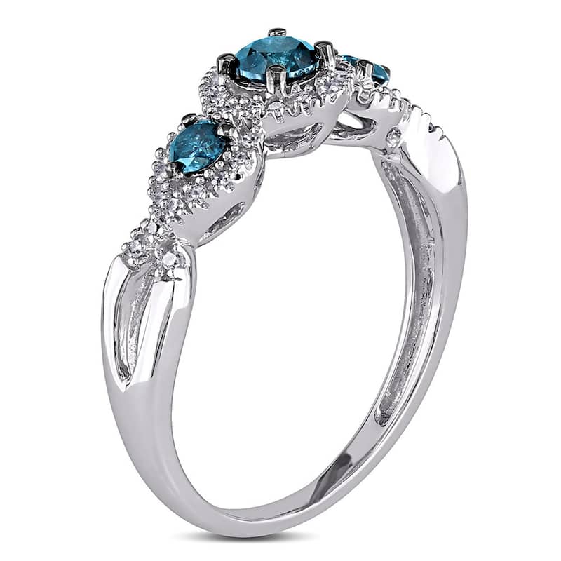 Miadora 1/2ct Blue and White Diamond TW 3 Stone Ring 14k White Gold Rhodium Plated