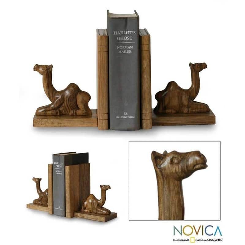 African Wood Bookends Pair 2 Hand Carved 'Sahara Camel - Brown