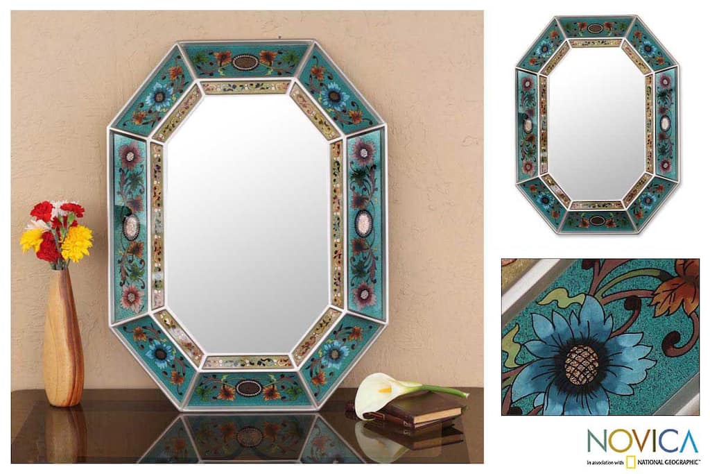 Handmade Reverse Painted Glass Blue Red Floral Bronze Hallway Wall Mirror (Peru)