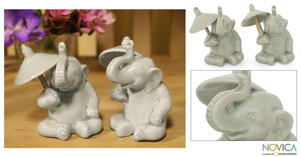 Handmade Set of 2 Celadon Ceramic 'Chiang Mai Elephants' Figurines (Thailand)