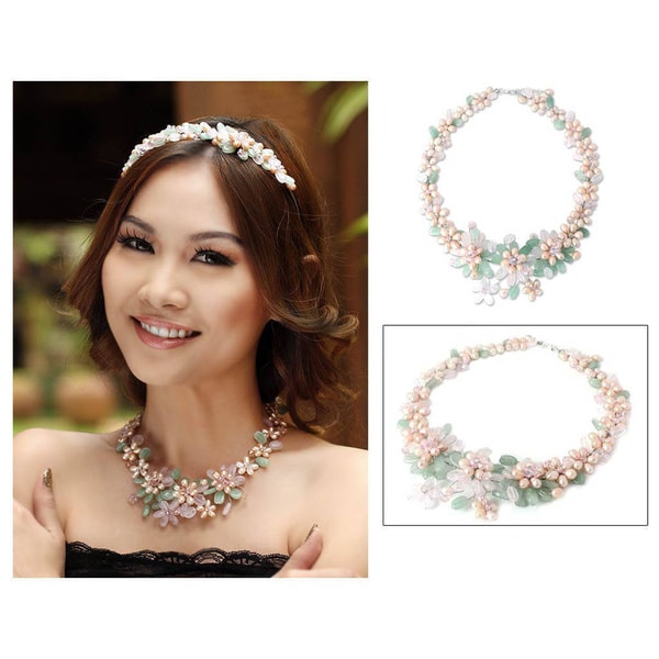 Handmade Pearl 'Spring Garland' Multi-gemstone Flower Necklace (Thailand) - 1.6" x 18.5"