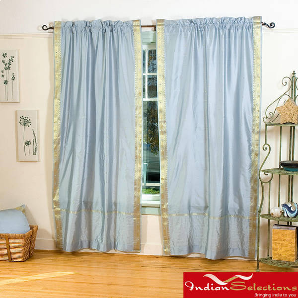 Handmade Grey 84-inch Rod Pocket Sheer Sari Curtain Panel Pair (India)