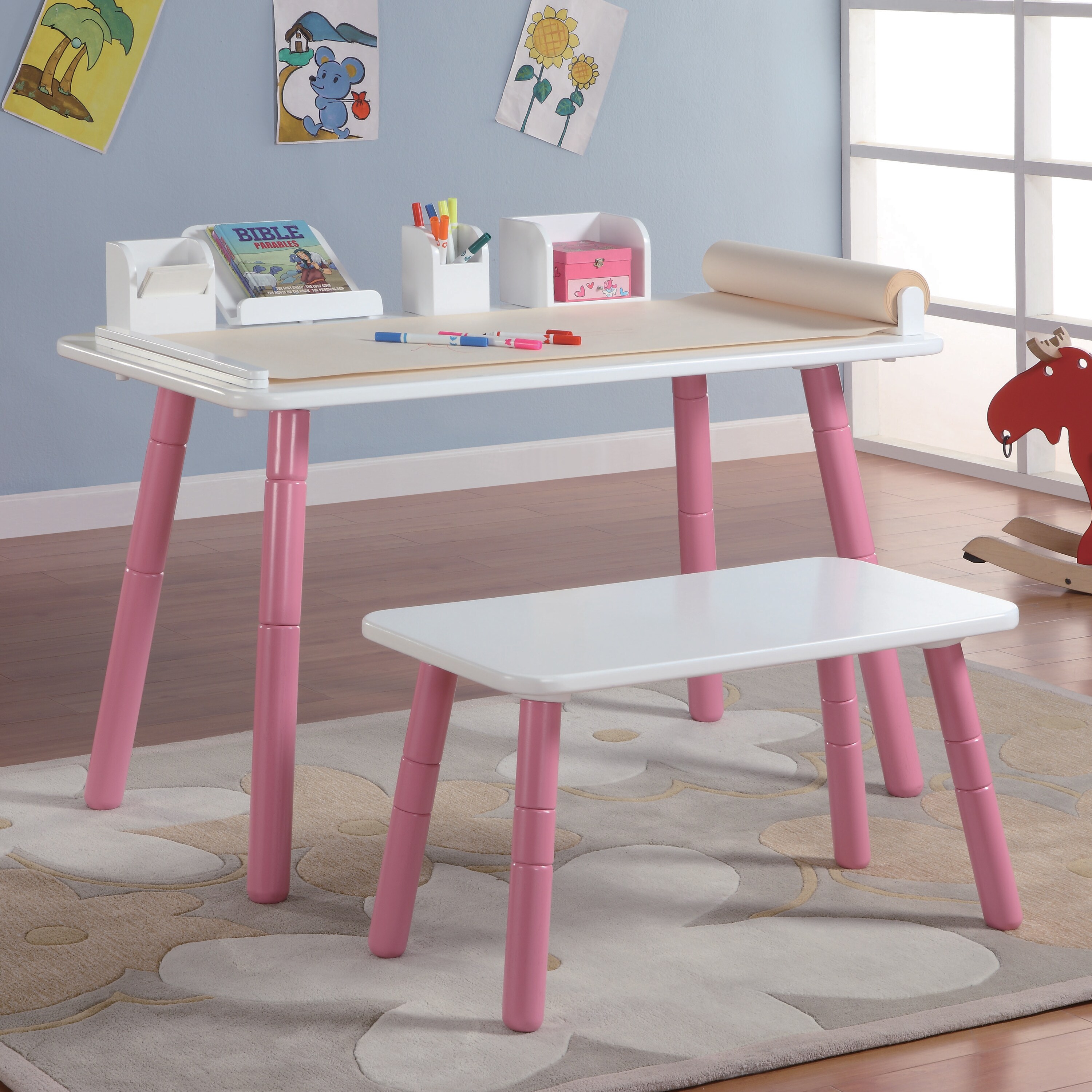 Shop 3 Stages Kid S Art Table And Bench Set In White And Pink