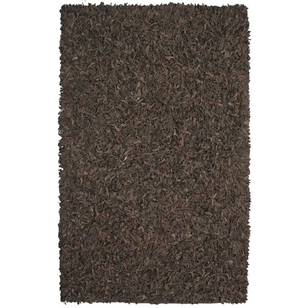 Hand-tied Pelle Dark Brown Leather Shag Rug (5' x 8') - 5' x 8'