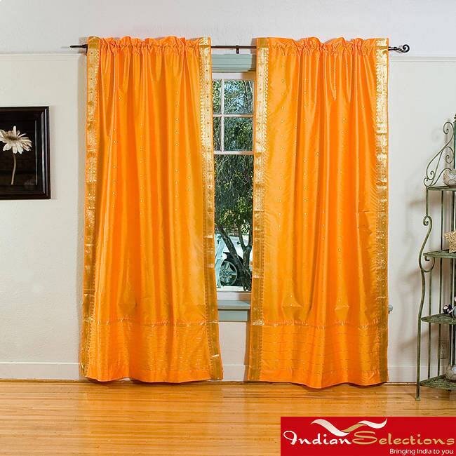 Handmade Pumpkin Rod Pocket Sheer Sari Curtain Panel Pair (India) - 43 x 84