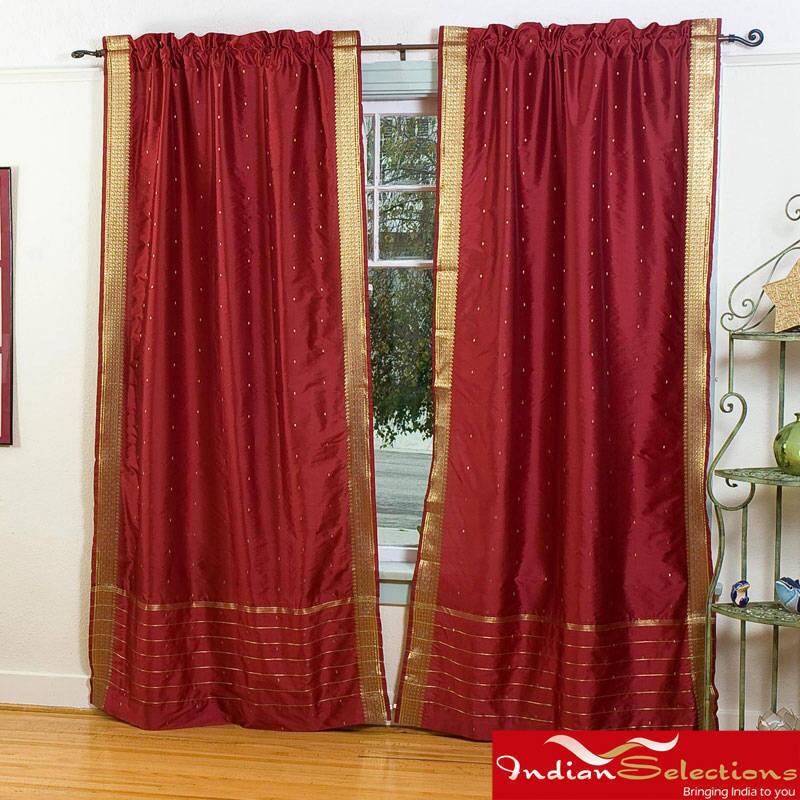 Maroon 84-inch Rod Pocket Sheer Sari Curtain Panel Pair (India) - 43 x 84