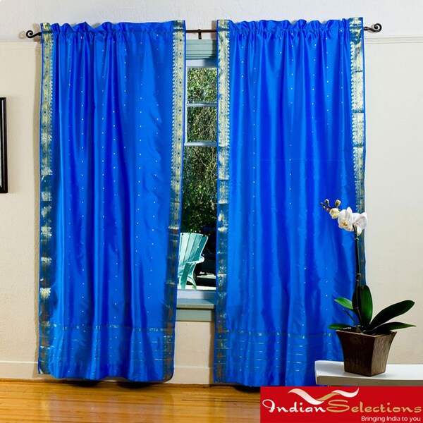 Handmade Blue 84-inch Rod Pocket Sheer Sari Curtain Panel Pair (India ...