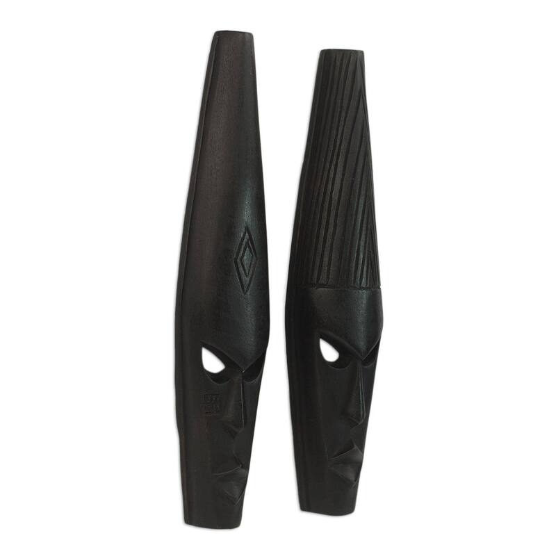 Set of 2 Handmade Sese Wood 'Fighting Spirit' Masks (Ghana) - Black