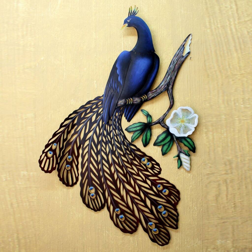 Handmade Steel Sapphire Peacock Wall Sculpture (Mexico)