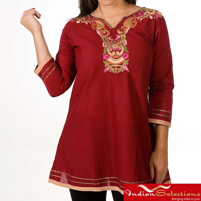 Womens Cotton Red Embroidered Kurti/ Tunic (India)  