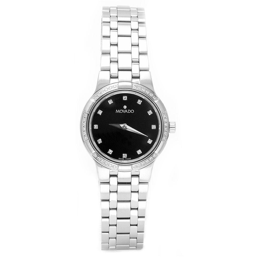 Movado Women's Faceto Stainless Steel Diamond Accent Black Dial Watch ...