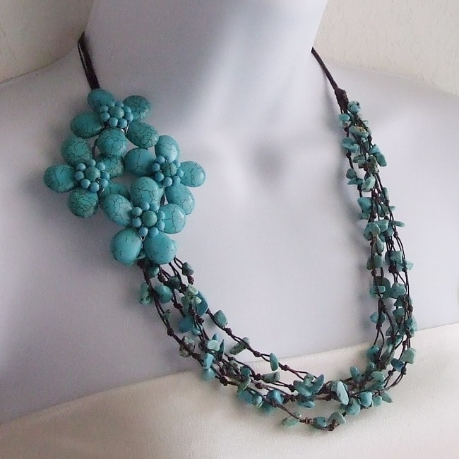 Handmade Cotton Reconstructed Turquoise Side Floral Bouquet Necklace ...