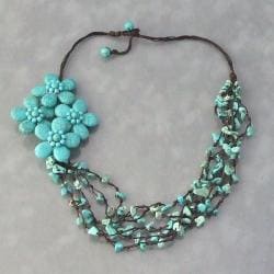 Cotton Reconstructed Turquoise Side Floral Bouquet Necklace (Thailand) Necklaces