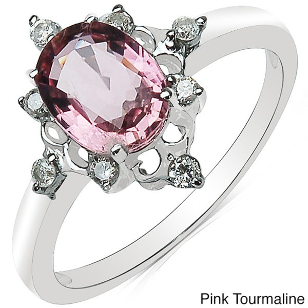 Malaika 10k White Gold Oval cut Gemstone and 1/8ct TDW Diamond Ring (J K, I2 I3) Malaika Gemstone Rings