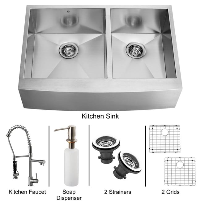 Vigo Farmhouse 36x20 inch Stainless Steel Kitchen Sink/ Faucet/ Two Grids/ Two Strainers/ Dispenser