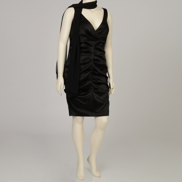 Onyx Nite Womens Plus Size Black Ruched Satin Dress  