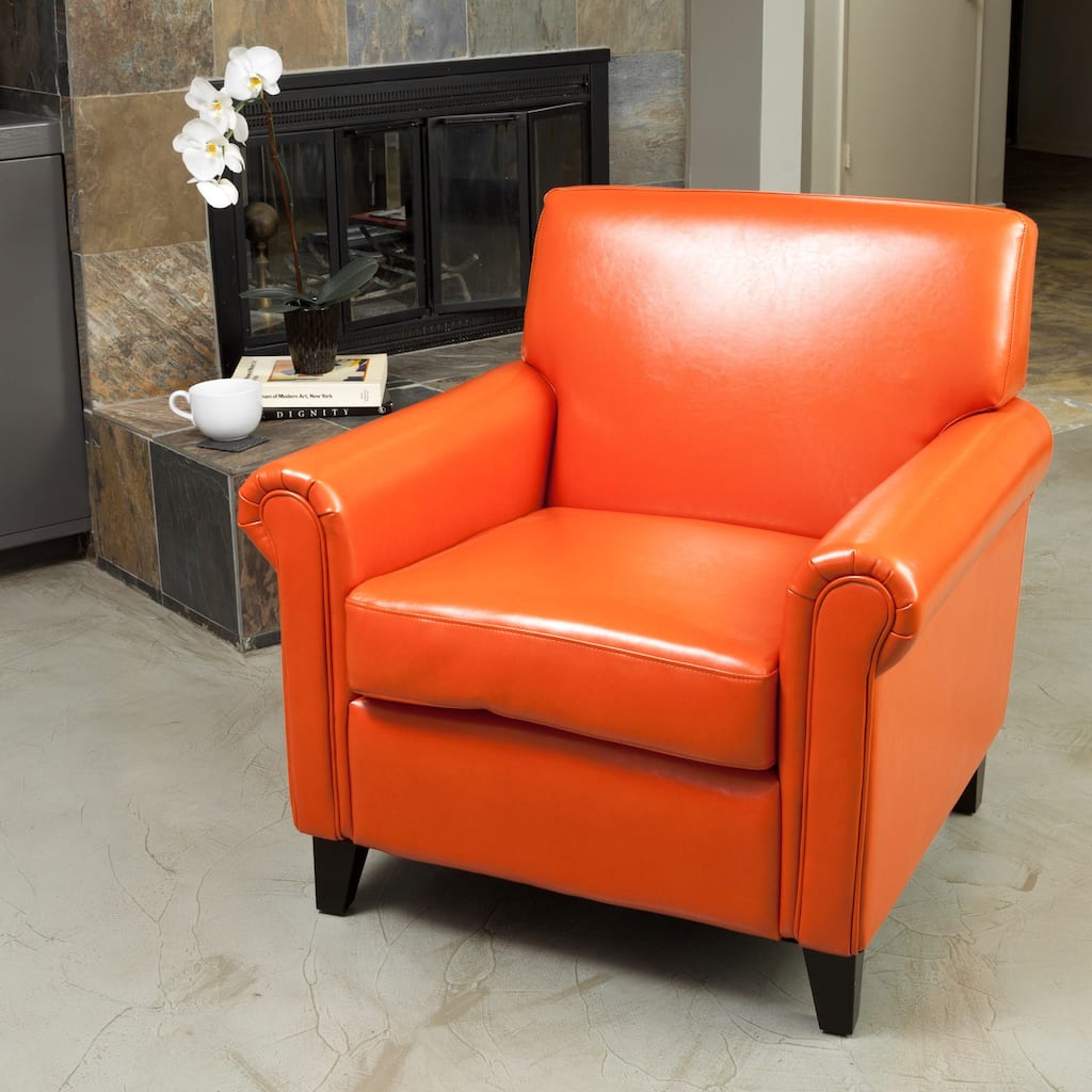 Rolled Arm Leather Burnt Orange Club Chair by Christopher Knight Home