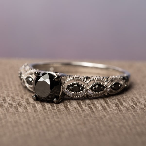 Miadora 10k White Gold 1 1/4ct TDW Round Black Diamond Engagement Ring