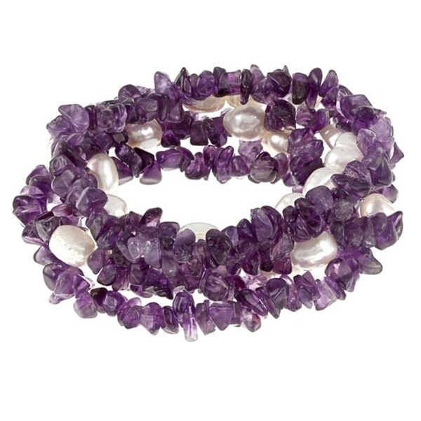 DaVonna Baroque FW Pearls and Purple Amethyst 5 Stretch Bracelets Set (7-8 mm)