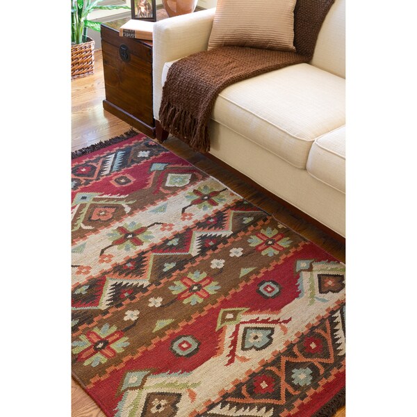 Hand-woven Southwestern Aztec Louise Wool Flatweave Area Rug
