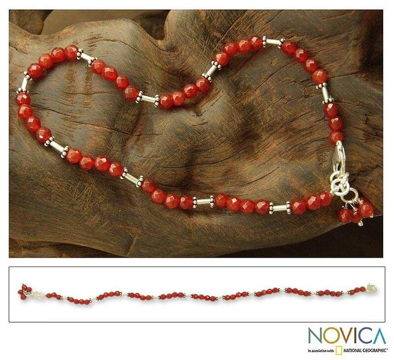 NOVICA Handmade Sterling Silver 'Brilliant Glow' Carnelian Anklet (India)