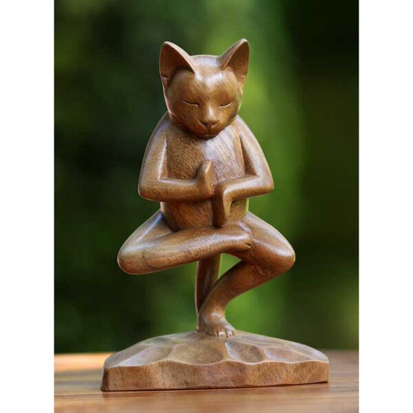 Shop Handmade Suar Wood 'Vrkasana Yoga Kitty' Sculpture (Indonesia ...