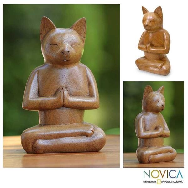 Suar Wood 'Cat In Deep Meditation' Sculpture (Indonesia) Novica Statues & Sculptures