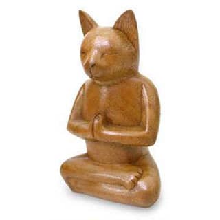 NOVICA Suar Wood 'Cat In Deep Meditation' Sculpture, Handmade in Indonesia - 6.5 H * 4.1 W