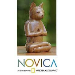 NOVICA Suar Wood 'Cat In Deep Meditation' Sculpture, Handmade in Indonesia - 6.5 H * 4.1 W