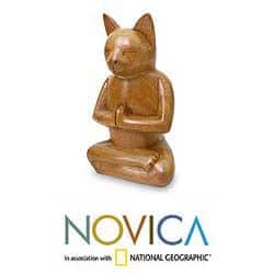 NOVICA Suar Wood 'Cat In Deep Meditation' Sculpture, Handmade in Indonesia - 6.5 H * 4.1 W