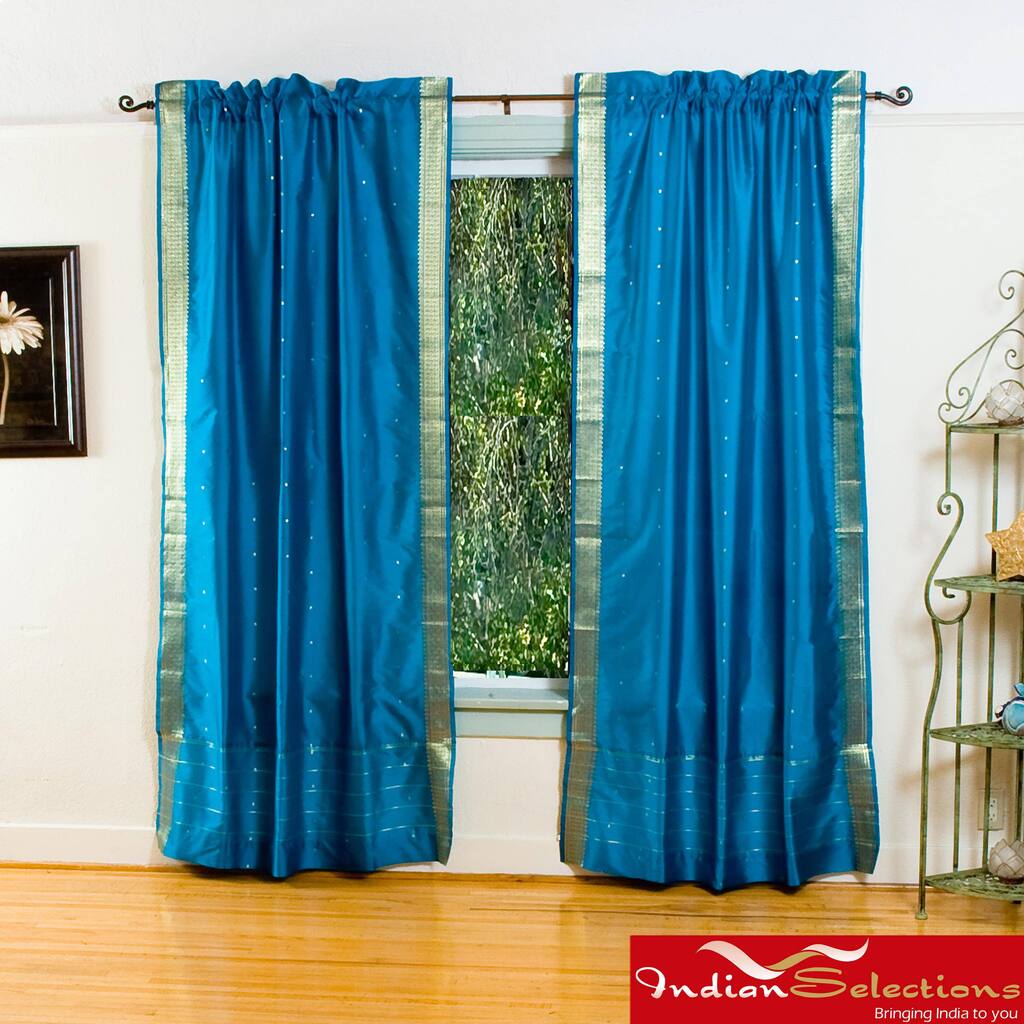 Turquoise Sheer Sari 84-inch Rod Pocket Curtain Panel Pair (India) - 43 x 84