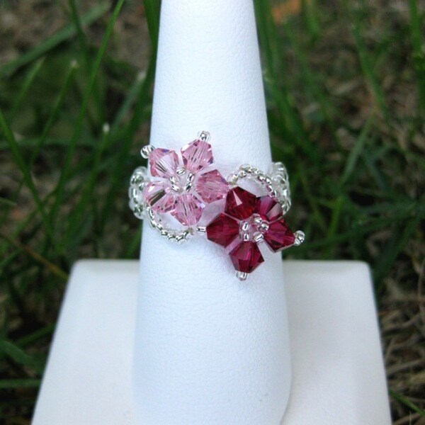 Shop Handmade Pink/Darkpink Crystal/Seedbead Floral Ring (USA) Free