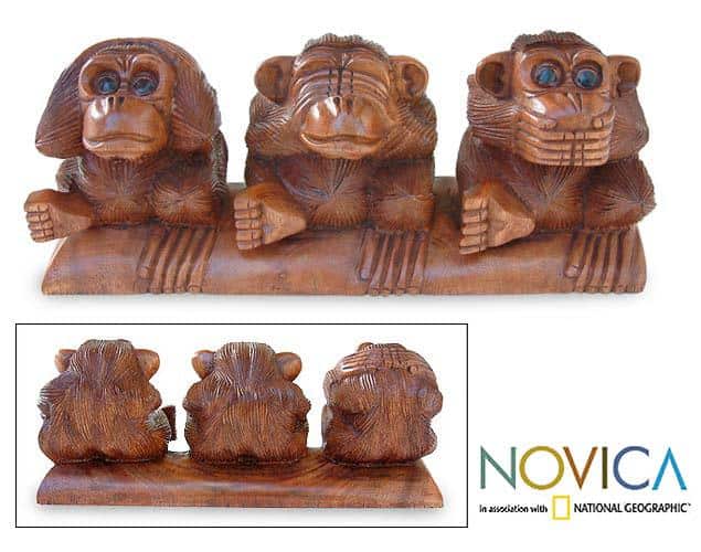 Suar Wood 'Three Monkeys' Sculpture, Handmade in Indonesia