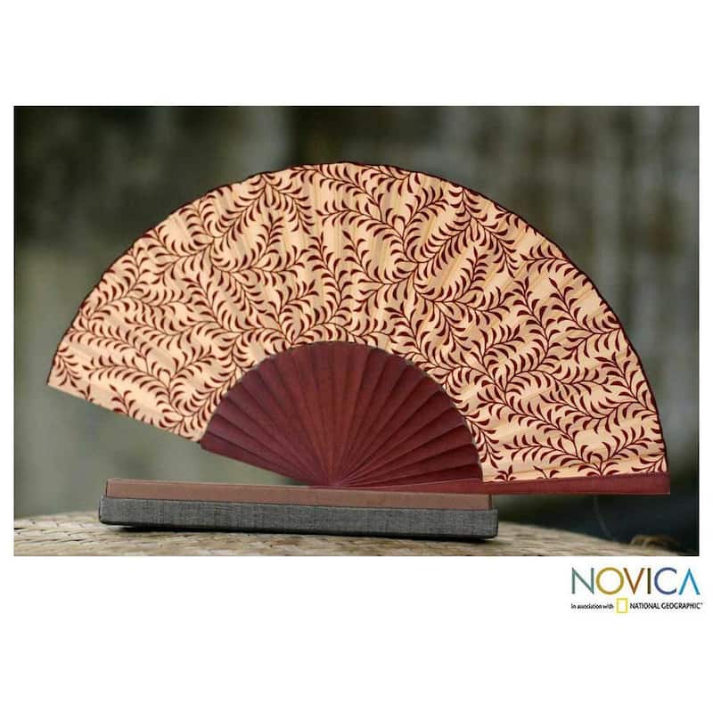 Handmade Silk 'Red Fern' Batik Fan (Indonesia)