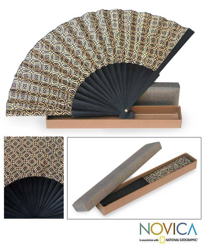 NOVICA Handmade Silk 'Golden Rings' Batik Fan (Indonesia)