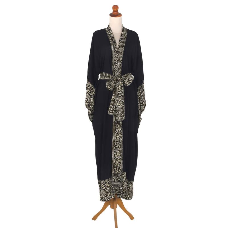 Handmade Rayon Midnight Rose Black Batik Robe (Indonesia)