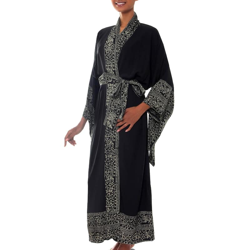 Handmade Rayon Midnight Rose Black Batik Robe (Indonesia)