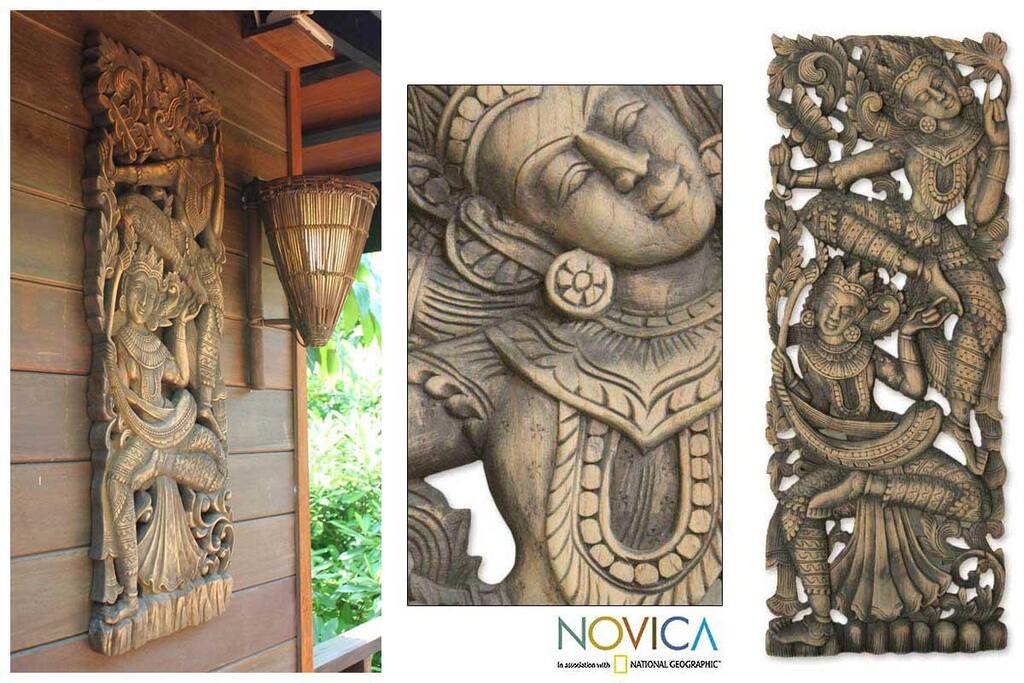 Rain Tree Wood 'Angel Blessing' Wall Relief Panel (Thailand) - Multi