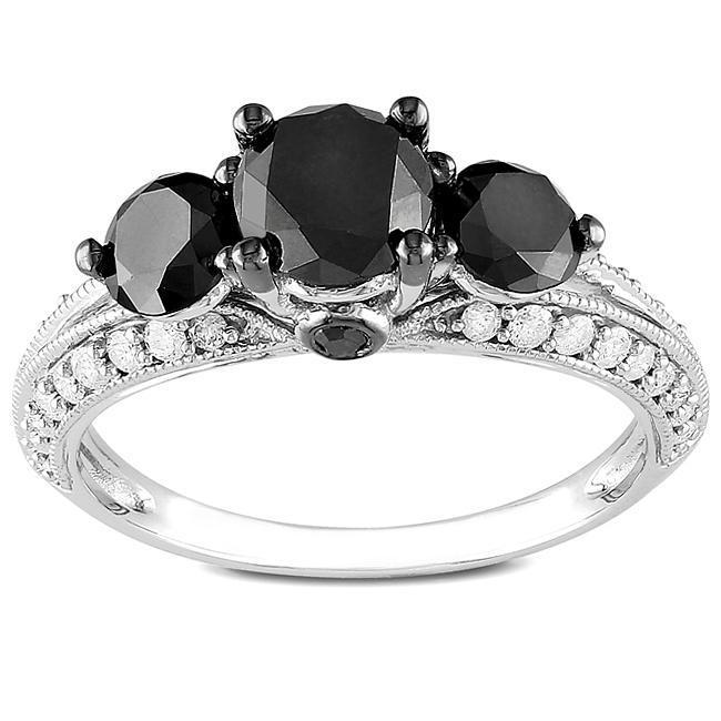 Miadora 10k White Gold 2ct TDW Black and White Diamond 3-stone Engagement Ring
