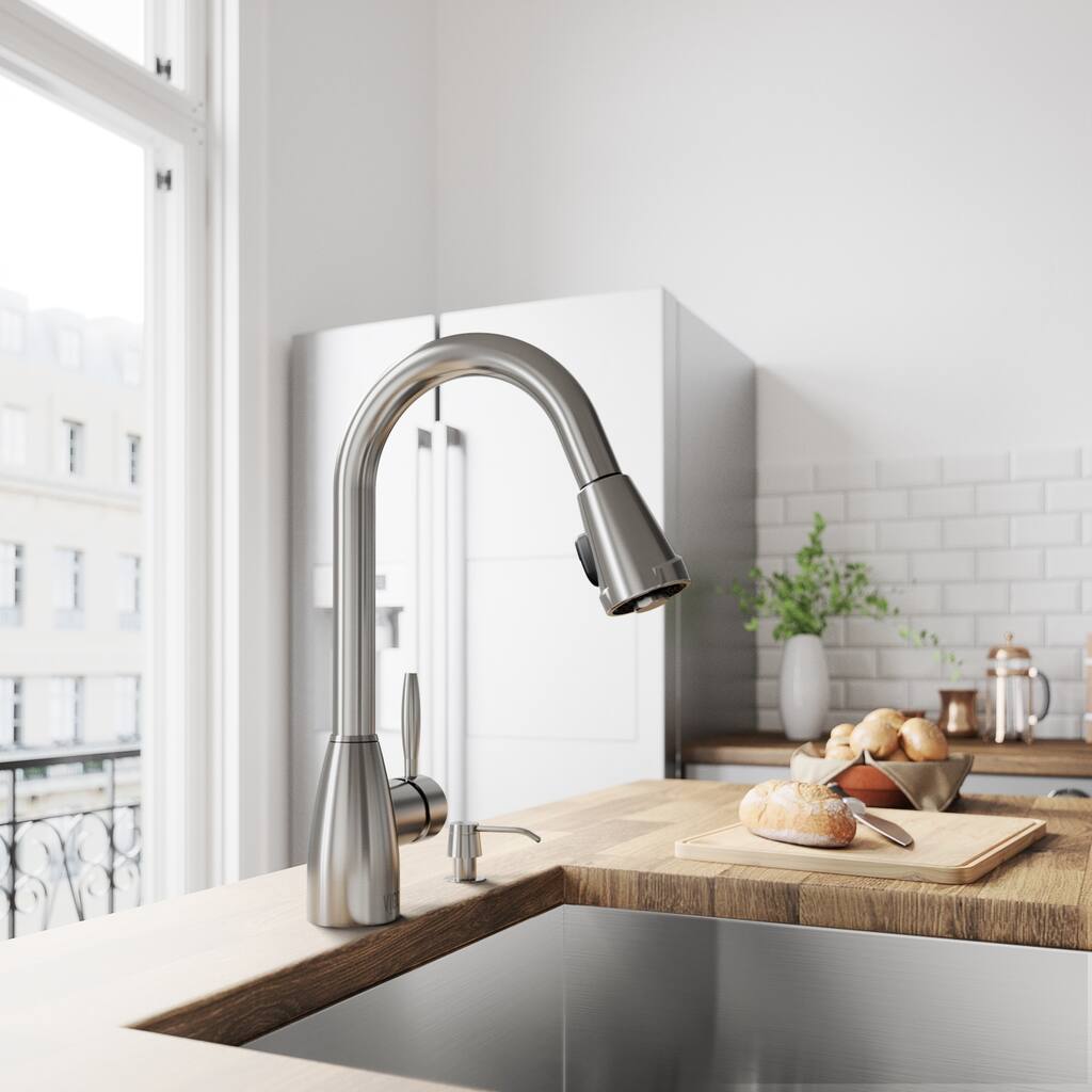 VIGO Graham Stainless Steel Kitchen Faucet with Soap Dispenser