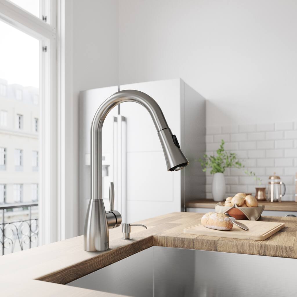 VIGO Aylesbury Stainless Steel Kitchen Faucet with Soap Dispenser