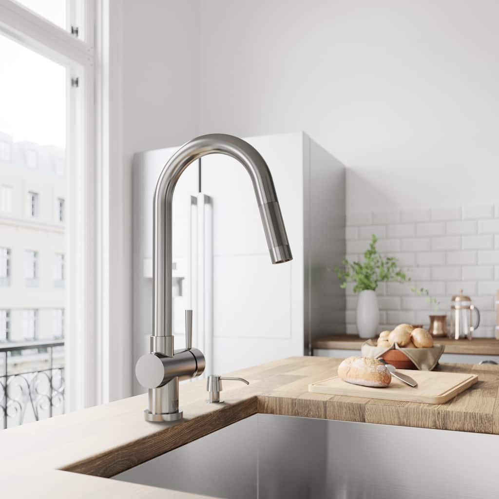 VIGO Gramercy Stainless Steel Kitchen Faucet with Soap Dispenser