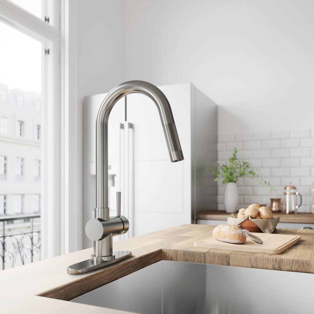 VIGO Gramercy Stainless Steel Pull-Down Kitchen Faucet with Deck Plate