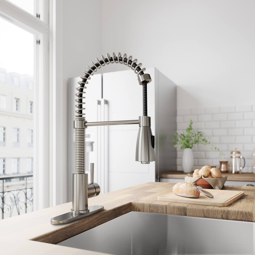 VIGO Brant Stainless Steel and Black Kitchen Faucet with Deck Plate